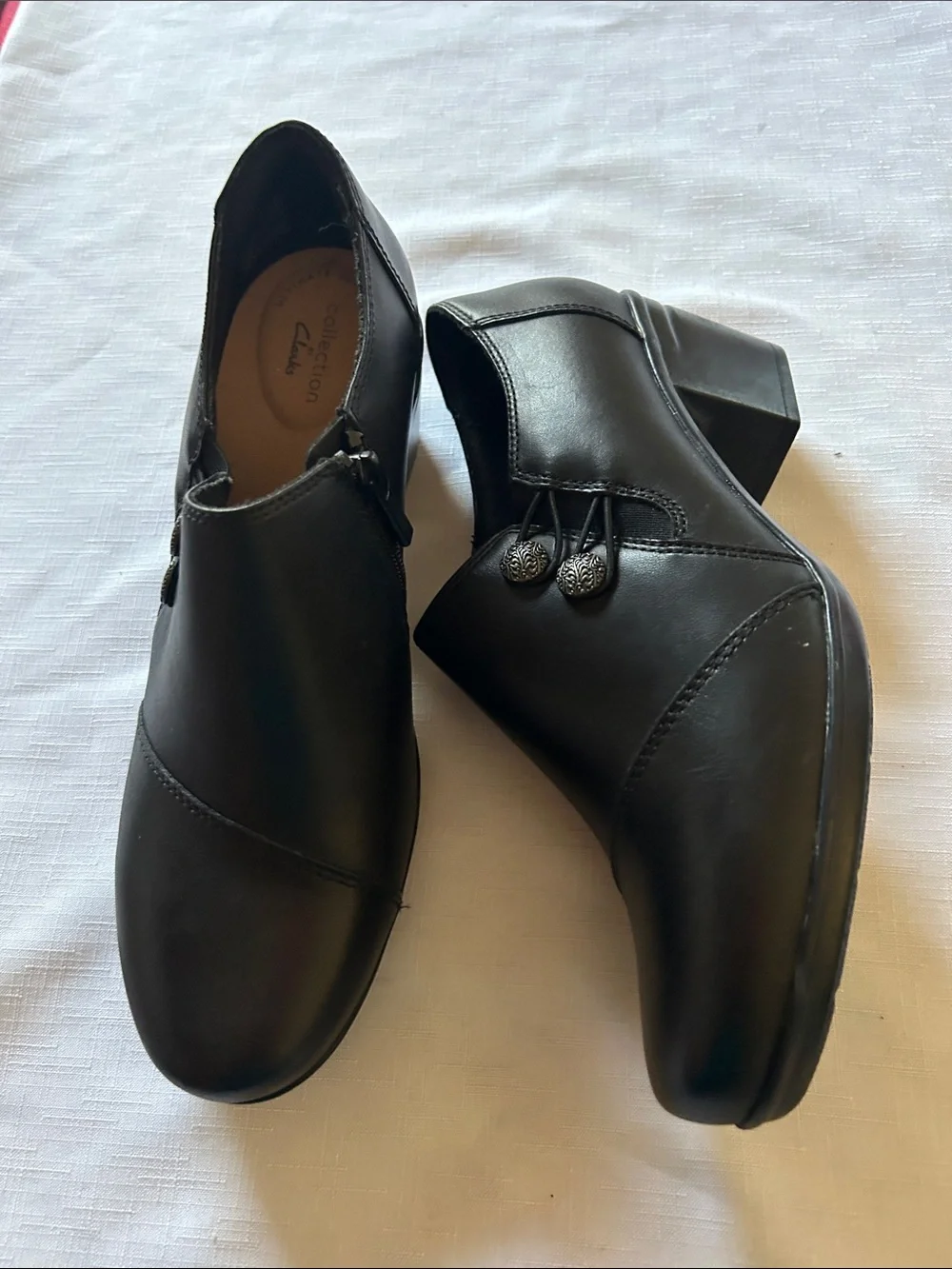 Clarks Black Leather Slip-On Loafers with Side Button Detail